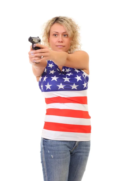 Imagen de mujer rubia vistiendo camiseta de bandera americana —  Fotos de Stock