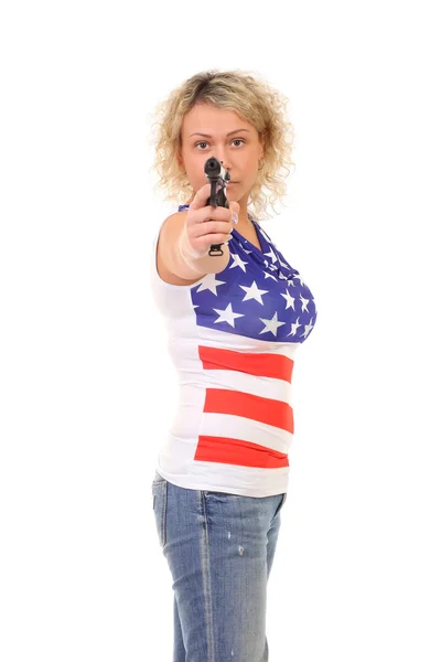 Bild einer blonden Frau im T-Shirt mit amerikanischer Flagge — Stockfoto