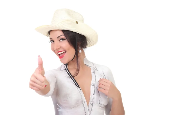 Bodypainting ragazza in cowboy cappello spettacoli come — Foto Stock