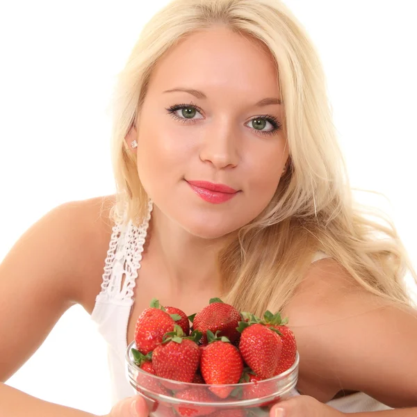 Cheerful girl with strawberries — Stock Photo, Image