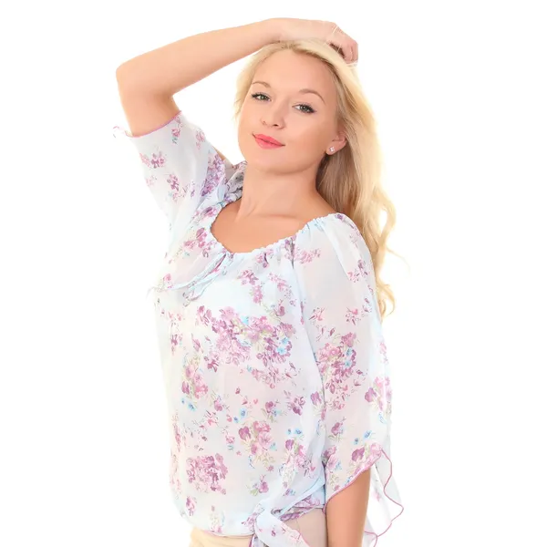 Pretty young blonde in a light summer blouse — Stock Photo, Image