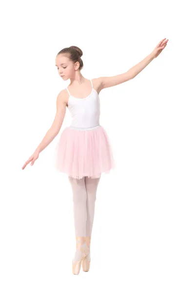Školní věk dívka hraje šaty se nosí na balet, izolované na bílém — Stock fotografie