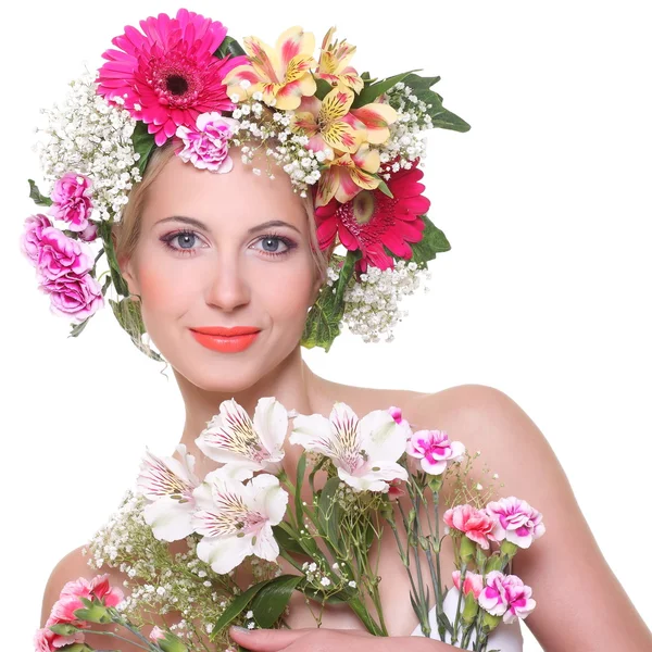 Portrait of beauty with a flowered head — Stock Photo, Image