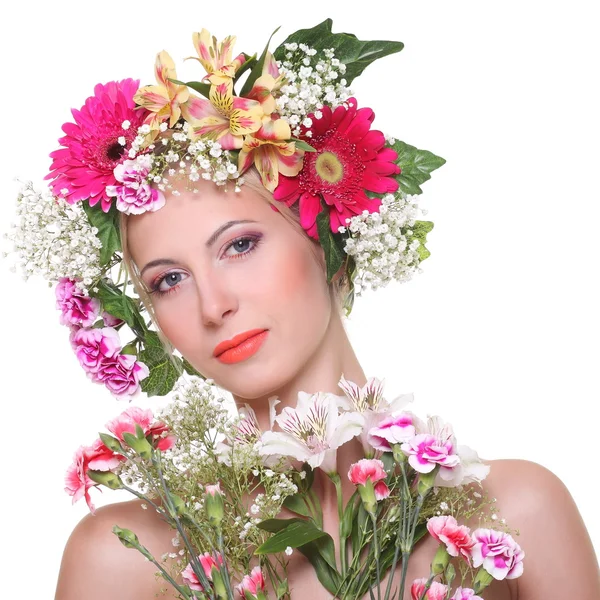 Portrait of beauty with a flowered head — Stock Photo, Image