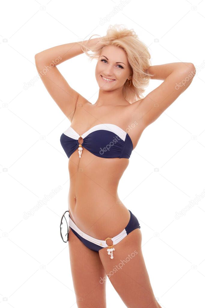 young gorgeous blond woman in swimsuit on white background.
