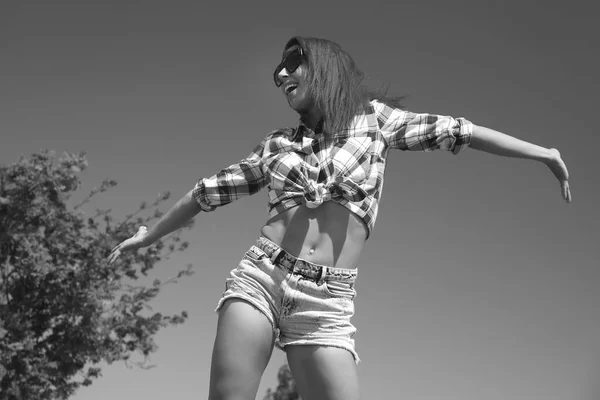 Young Happy Woman Shirt Denim Shorts — Stock Photo, Image