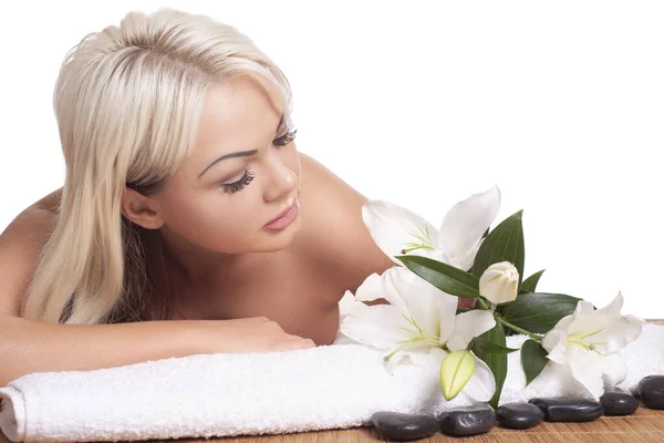 Young Beautiful Woman White Lily Spa Salon — Stock Photo, Image