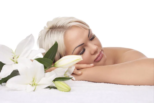 Young Beautiful Woman White Lily Spa Salon — Foto Stock