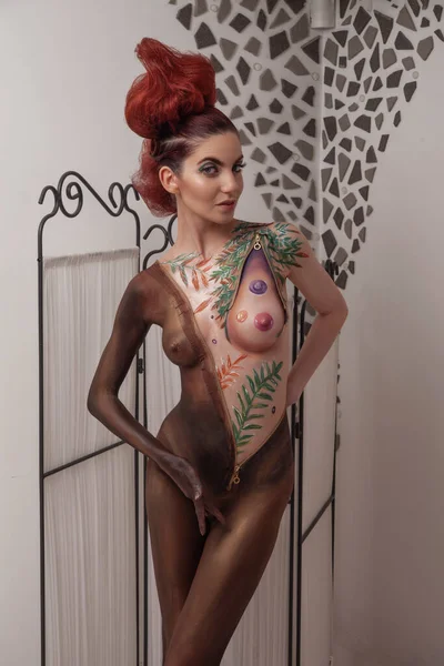 Nude Young Slender Woman Painted Bodypainting — Stock Photo, Image