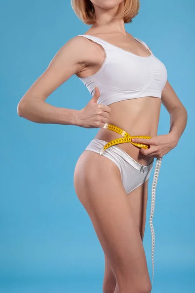 Woman Measuring Her Slim Body Linen — Stock Photo, Image