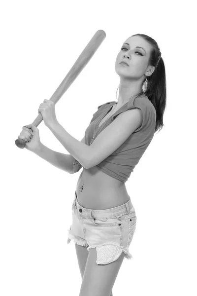 Mujer Joven Con Bate Béisbol Sobre Fondo Blanco — Foto de Stock