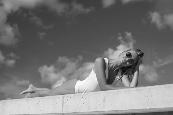 Young Sexy Slim Woman White Bodysuit — Fotografia de Stock