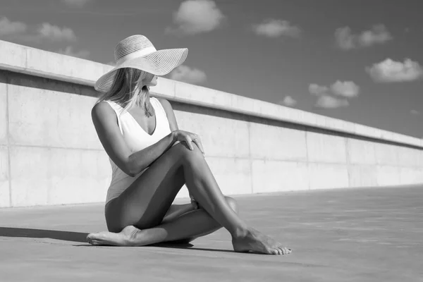 Young Sexy Slim Woman White Bodysuit — Photo