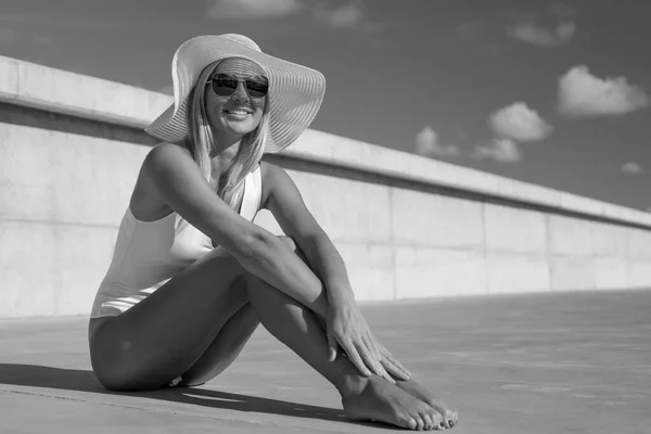 Young Sexy Slim Woman White Bodysuit —  Fotos de Stock