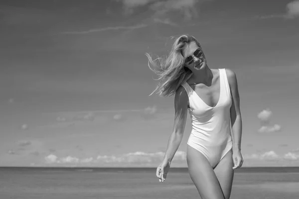 Young Sexy Slim Woman White Bodysuit — Stok fotoğraf