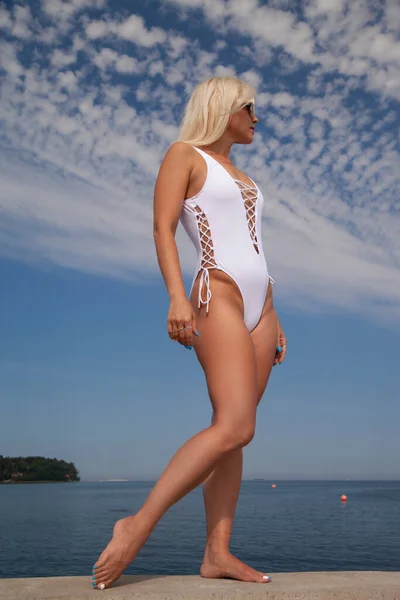 Young Beautiful Woman White Swimsuit Sky — 图库照片