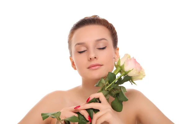 Retrato Una Joven Hermosa Mujer Con Una Rosa — Foto de Stock