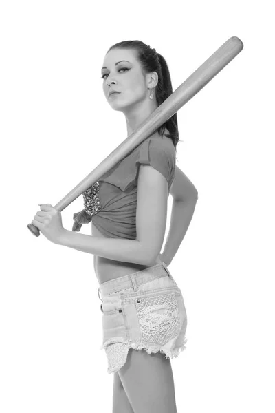 Beyazlar Içinde Beyzbol Sopalı Genç Bir Kadın — Stok fotoğraf