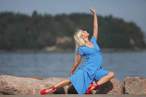 Young Woman Blue Dress Red Pointe Shoes — Stok fotoğraf