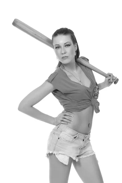 Junge Frau Mit Baseballschläger Auf Weißem Hintergrund — Stockfoto