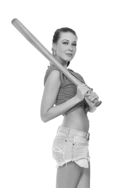 Jonge Vrouw Met Honkbalknuppel Witte Achtergrond — Stockfoto
