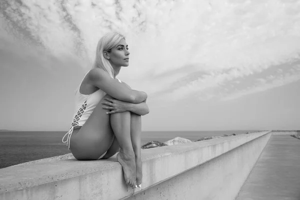 Young Beautiful Woman White Swimsuit Sky — Fotografia de Stock