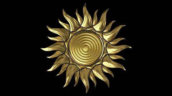 The golden sun. The rays rotate in a circle. On a black background. 3D render — Stock Photo, Image