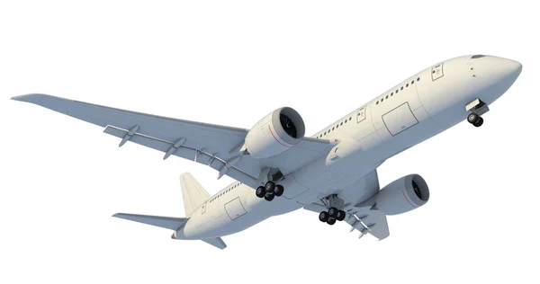 Das Flugzeug hebt ab und zieht das Fahrwerk ein. 3D-Darstellung — Stockfoto