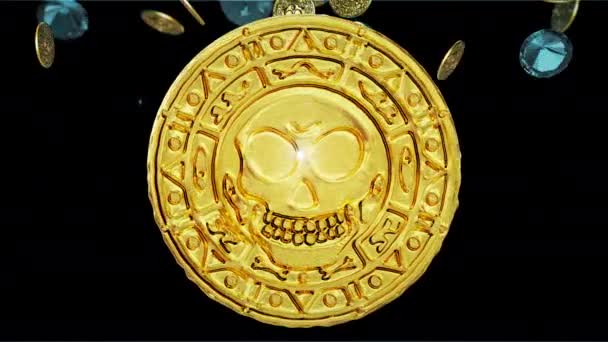 Déšť Vintage Zlatých Mincí Lebkami Jemstones Černém Pozadí Pirátský Poklad — Stock video