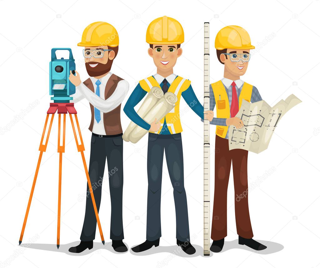 Engineering team. Civil engineer, surveyor and architect isolated vector illustration.
