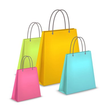 Beyaz arka planda izole edilmiş renkli alışveriş torbaları. Emty kağıt paket vektör çizimi