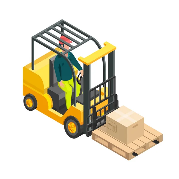 Isometric Forklift Isolated White Driver Vector Illustration — Vettoriale Stock