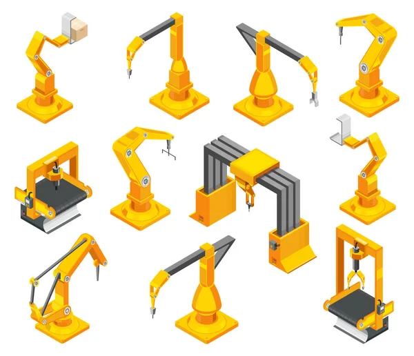 Transportmachines Met Robothand Isometrische Set Van Gele Grijze Automatische Apparatuur — Stockvector
