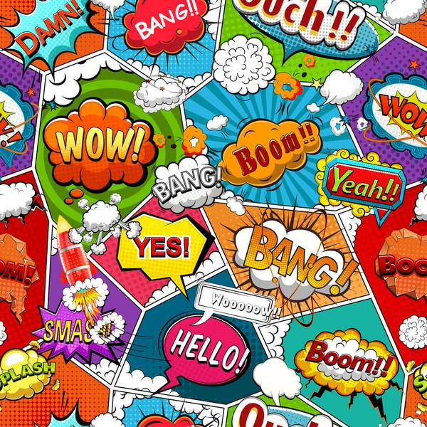 Comic Book Page Divided Lines Seamless Pattern Speech Bubbles Rocket — ストックベクタ