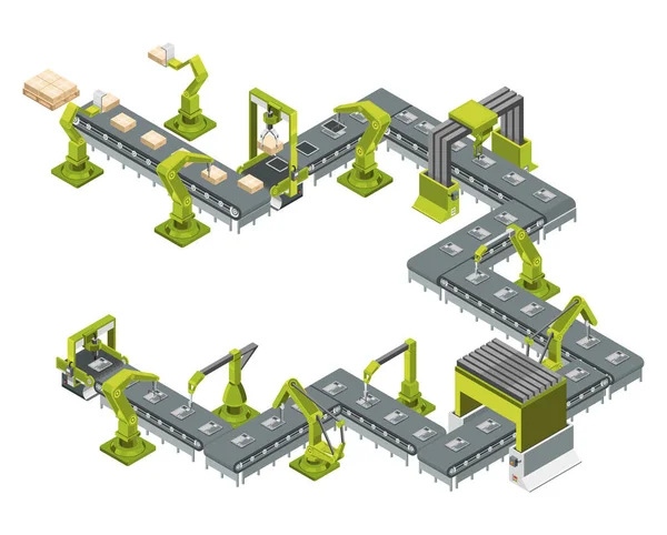 Automatische Fabrik Mit Förderband Und Roboterarmen Montageprozess Vektorillustration — Stockvektor