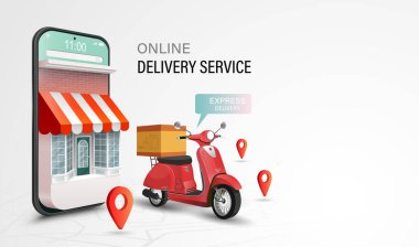 Scooter 'la online dağıtım hizmeti. Cep telefonundan alışveriş sitesi. Yemek siparişi konsepti. Web Banner, uygulama şablonu. Vektör illüstrasyonu