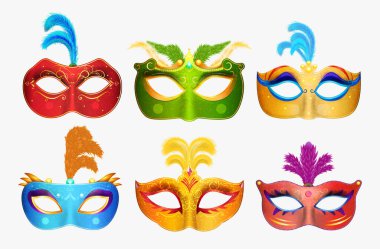 Mardi Gras Venedik el yapımı karnaval maske. Yüz maskeleri koleksiyonu maskeli parti için. Vektör çizim
