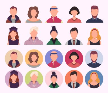 Bir grup insan vektör illüstrasyonunu avatar. Farklı insan yüzü simgeleri. Erkek ve kadın karakterler. 