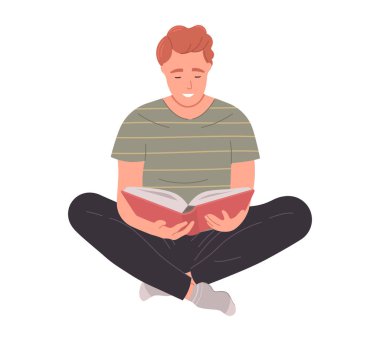 Yerde oturmuş kitap okuyan bir adam. Eğitim hobisi kavramı. Vektör illüstrasyonu beyaz arkaplanda izole edildi.