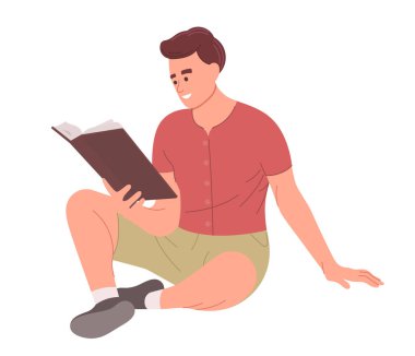 Yerde oturmuş kitap okuyan mutlu bir adam. Eğitim hobisi kavramı. Vektör illüstrasyonu 