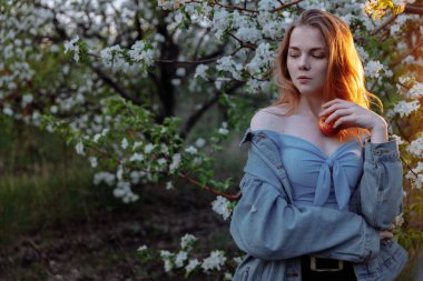 Genç bir kadın bir elma bahçesinde duruyor ve bir elma alıyor. Bahar. Gün batımı