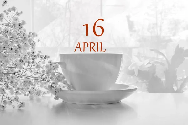 Kalenderdatum auf hellem Hintergrund mit weißem Teepaar aus Porzellan und weißer Gipsophila mit Kopierraum. 16. April ist der sechzehnte Tag des Monats — Stockfoto