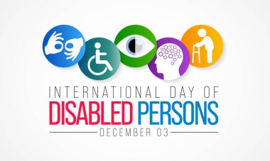 Uluslararası Engelliler Günü (IDPD) her yıl 3 Aralık 'ta kutlanır. Hayatın her alanında engelli insanların durumu hakkında farkındalık yaratmak için. Vektör illüstrasyonu