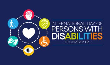 Uluslararası Engelliler Günü (IDPD) her yıl 3 Aralık 'ta kutlanır. Hayatın her alanında engelli insanların durumu hakkında farkındalık yaratmak için. Vektör illüstrasyonu