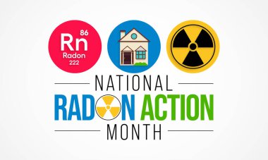 Ulusal Radon eylem ayı her yıl Ocak ayında izleniyor, evlerdeki ve okullardaki radon için kapalı havayı test ederek herkesi sağlıklarını korumaya teşvik ediyor. Vektör illüstrasyonu
