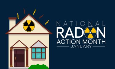 Ulusal Radon eylem ayı her yıl Ocak ayında izleniyor, evlerdeki ve okullardaki radon için kapalı havayı test ederek herkesi sağlıklarını korumaya teşvik ediyor. Vektör illüstrasyonu
