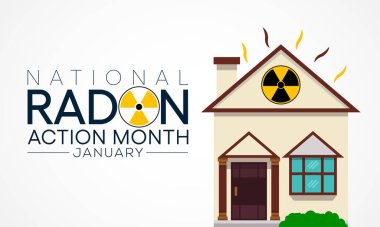 Ulusal Radon eylem ayı her yıl Ocak ayında izleniyor, evlerdeki ve okullardaki radon için kapalı havayı test ederek herkesi sağlıklarını korumaya teşvik ediyor. Vektör illüstrasyonu