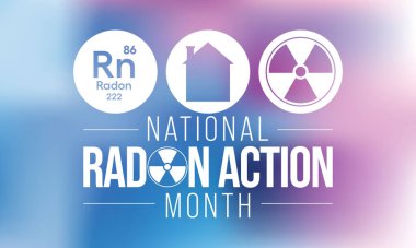 Ulusal Radon eylem ayı her yıl Ocak ayında izleniyor, evlerdeki ve okullardaki radon için kapalı havayı test ederek herkesi sağlıklarını korumaya teşvik ediyor. Vektör illüstrasyonu