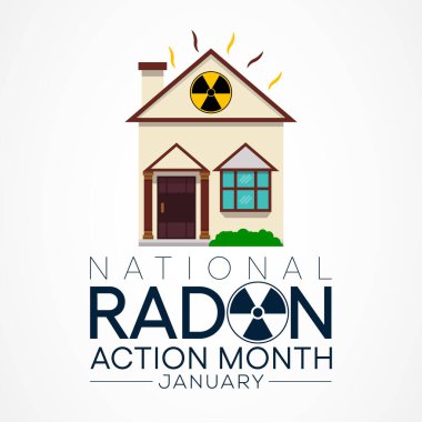 Ulusal Radon eylem ayı her yıl Ocak ayında izleniyor, evlerdeki ve okullardaki radon için kapalı havayı test ederek herkesi sağlıklarını korumaya teşvik ediyor. Vektör illüstrasyonu