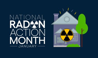 Ulusal Radon eylem ayı her yıl Ocak ayında izleniyor, evlerdeki ve okullardaki radon için kapalı havayı test ederek herkesi sağlıklarını korumaya teşvik ediyor. Vektör illüstrasyonu